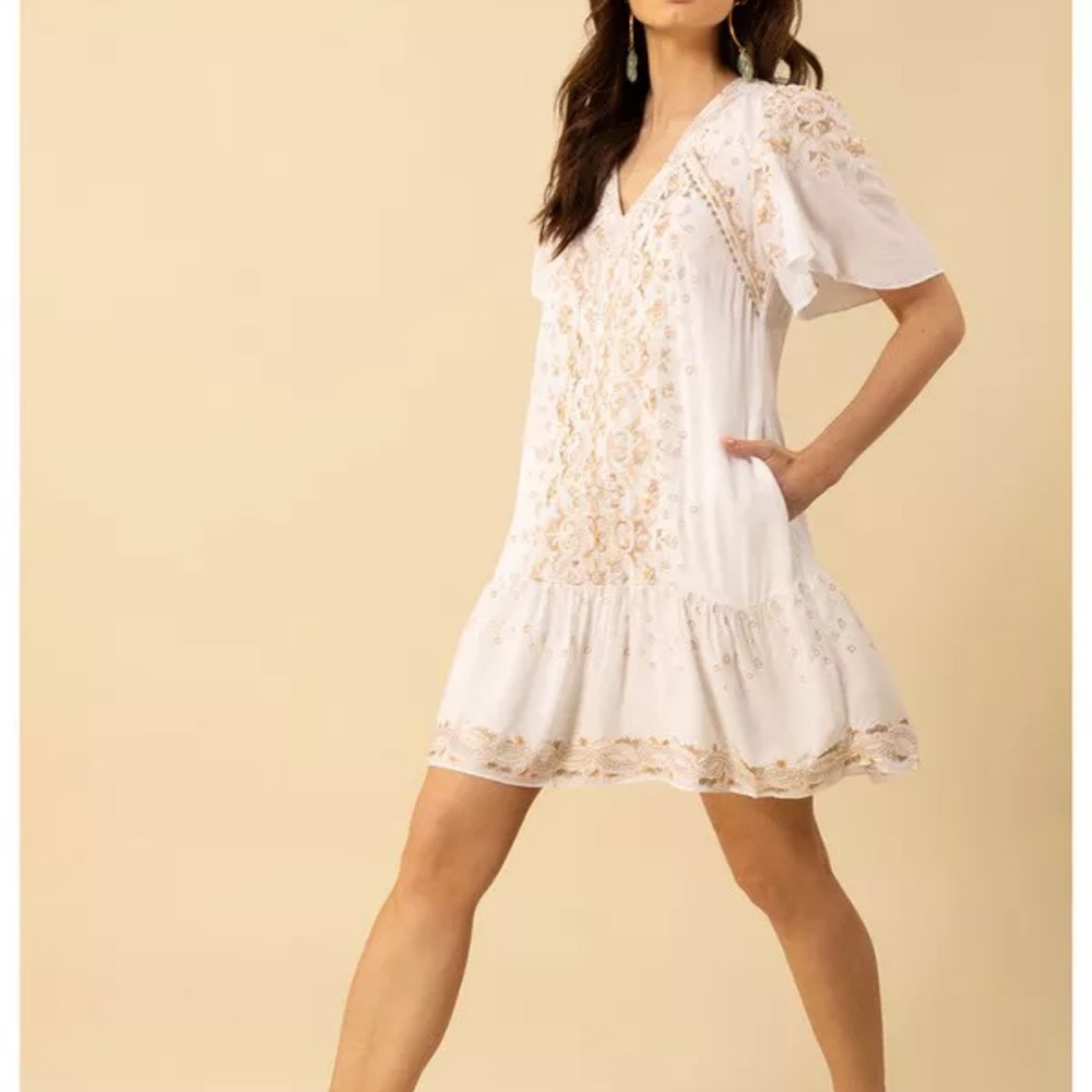 Hale Bob  Ariana Ivory Embroidered V-Neck Mini Dress NWT - Picture 2 of 10